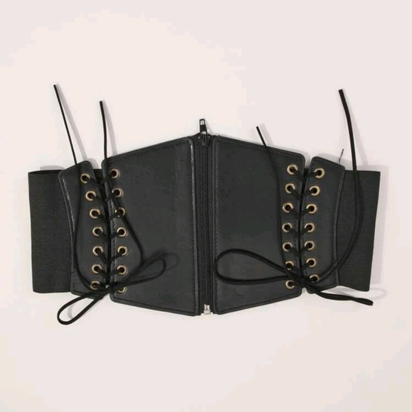 Corset Belt Black Leather Zipper Gothic Biker Cosplay Lolita Lace Up - Picture 3 of 6